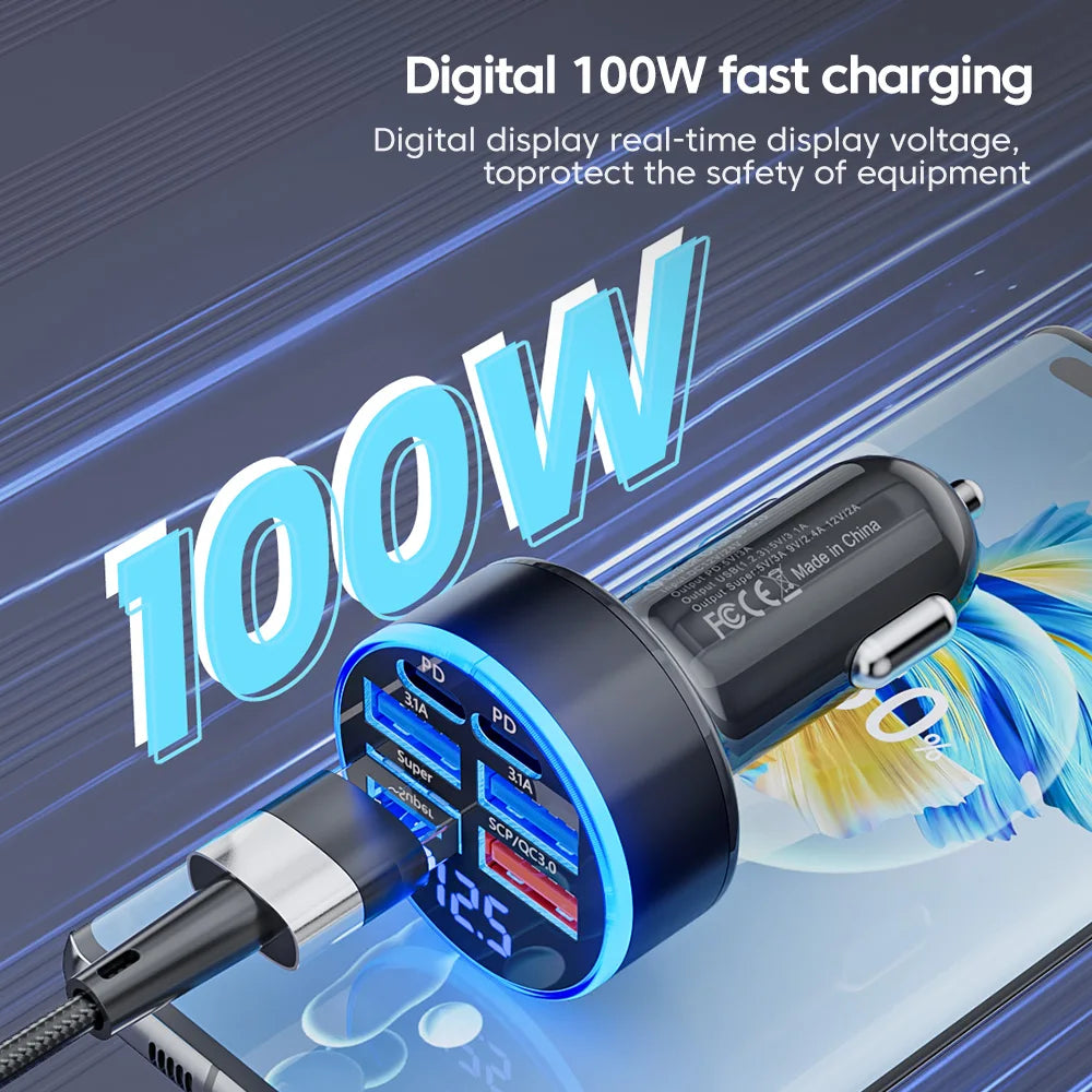 A 100W car charger with 6 ports, including USB Type-C, PD, and QC3.0 fast charging. Compatible with iPhone, Samsung, Huawei, Xiaomi, and other devices. Perfect for fast charging multiple devices in your car.