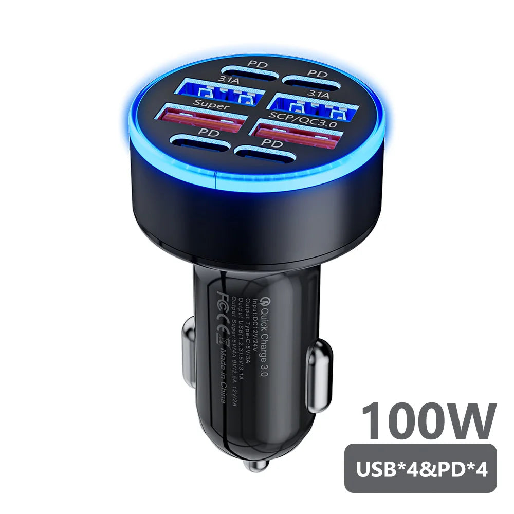 A 100W car charger with 6 ports, including USB Type-C, PD, and QC3.0 fast charging. Compatible with iPhone, Samsung, Huawei, Xiaomi, and other devices. Perfect for fast charging multiple devices in your car.