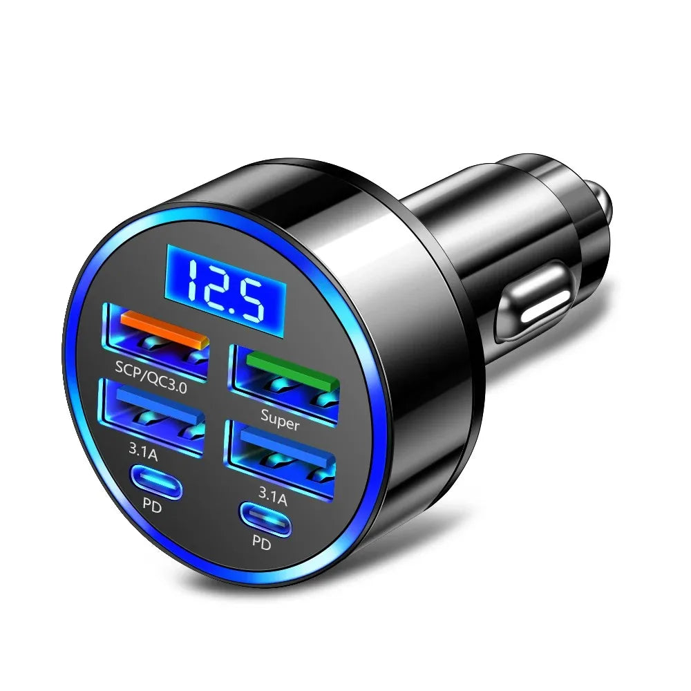 A 100W car charger with 6 ports, including USB Type-C, PD, and QC3.0 fast charging. Compatible with iPhone, Samsung, Huawei, Xiaomi, and other devices. Perfect for fast charging multiple devices in your car.