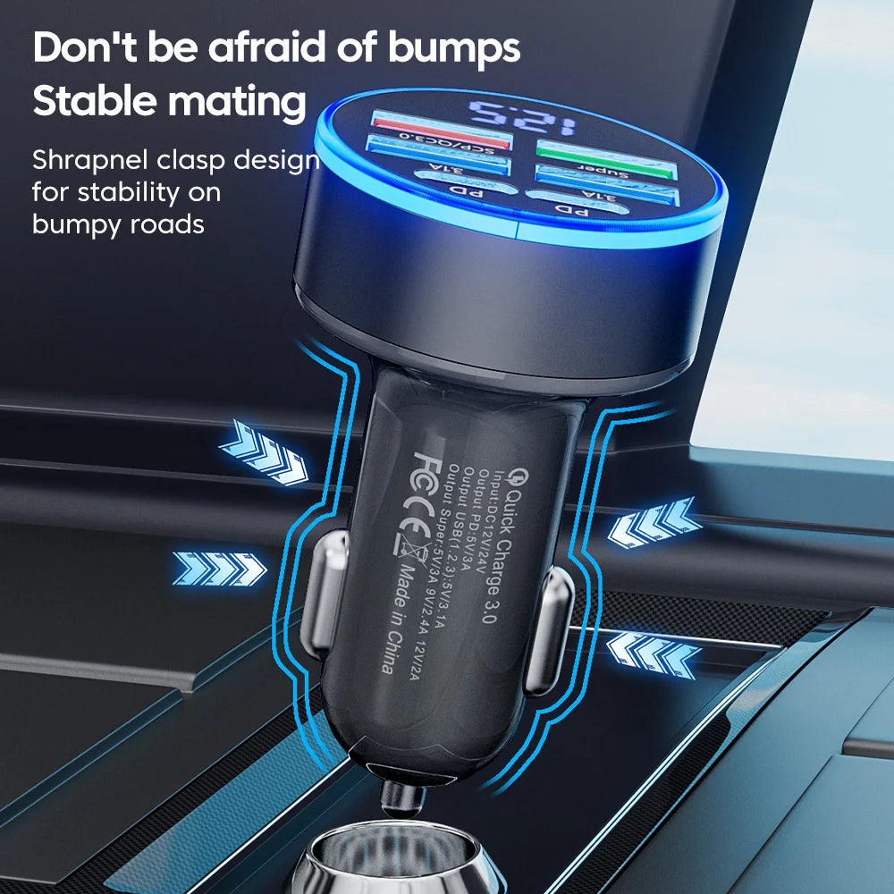 A 100W car charger with 6 ports, including USB Type-C, PD, and QC3.0 fast charging. Compatible with iPhone, Samsung, Huawei, Xiaomi, and other devices. Perfect for fast charging multiple devices in your car.