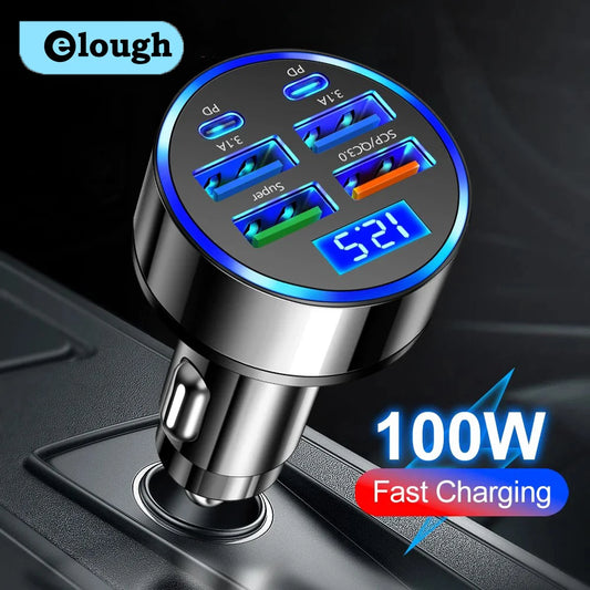 A 100W car charger with 6 ports, including USB Type-C, PD, and QC3.0 fast charging. Compatible with iPhone, Samsung, Huawei, Xiaomi, and other devices. Perfect for fast charging multiple devices in your car.