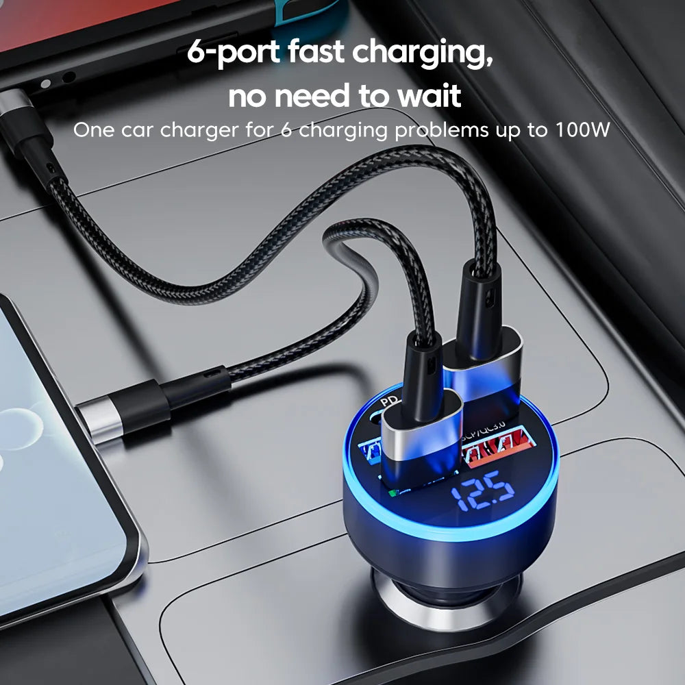 A 100W car charger with 6 ports, including USB Type-C, PD, and QC3.0 fast charging. Compatible with iPhone, Samsung, Huawei, Xiaomi, and other devices. Perfect for fast charging multiple devices in your car.